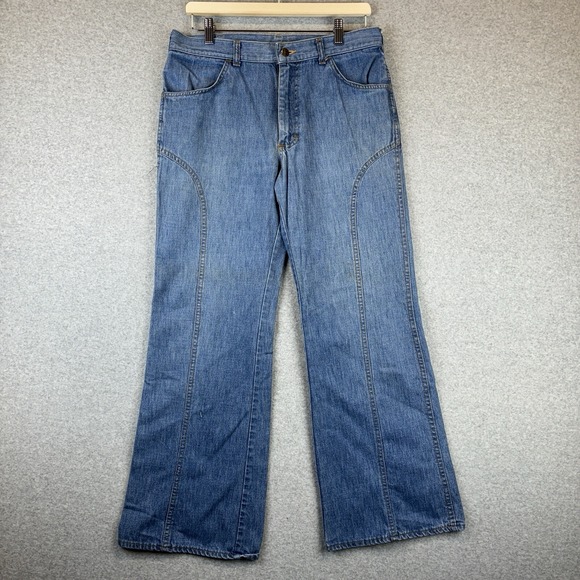 VTG 60s Loose Flare Bell Bottom Lee Jeans 32 Blue Wide Leg Sanforset Denim - Picture 1 of 14
